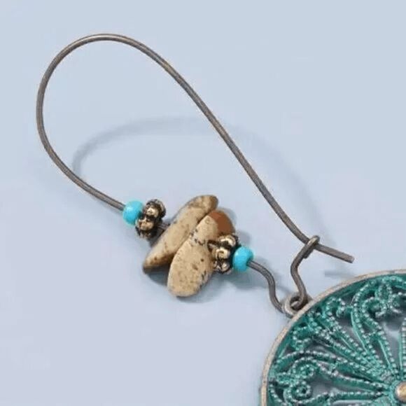 2/$21 Teal Aztec Round Dangle Earrings - Picture 3 of 5